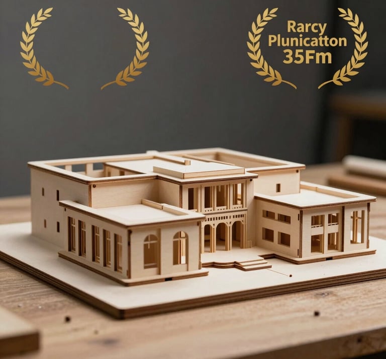 Details of an architectural model on a work table, precision laser cut wood, soft overhead lighting, muted charcoal background.