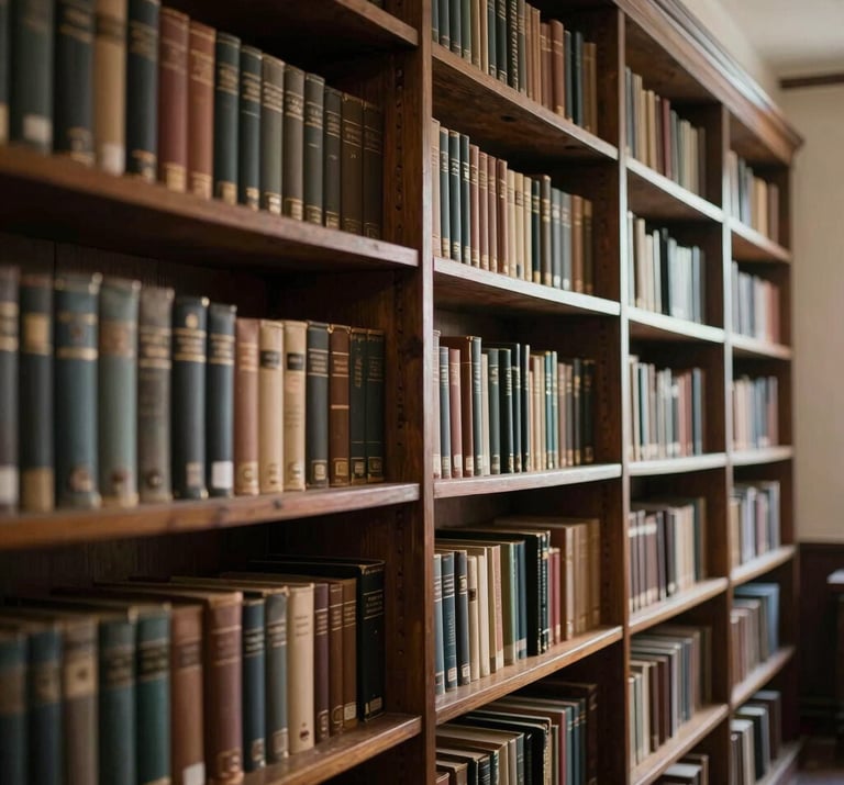 Shelves of a classic library in South America / Brazil, softly illuminated to create a mood of sophisticated narrative and timeless wisdom.