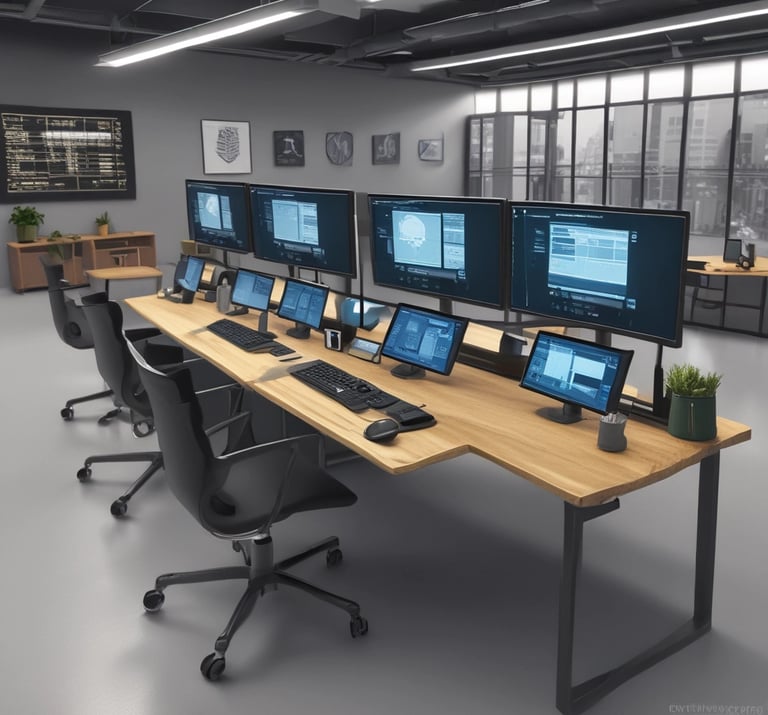 A friendly team collaborating around a laptop with AI interface on screen.