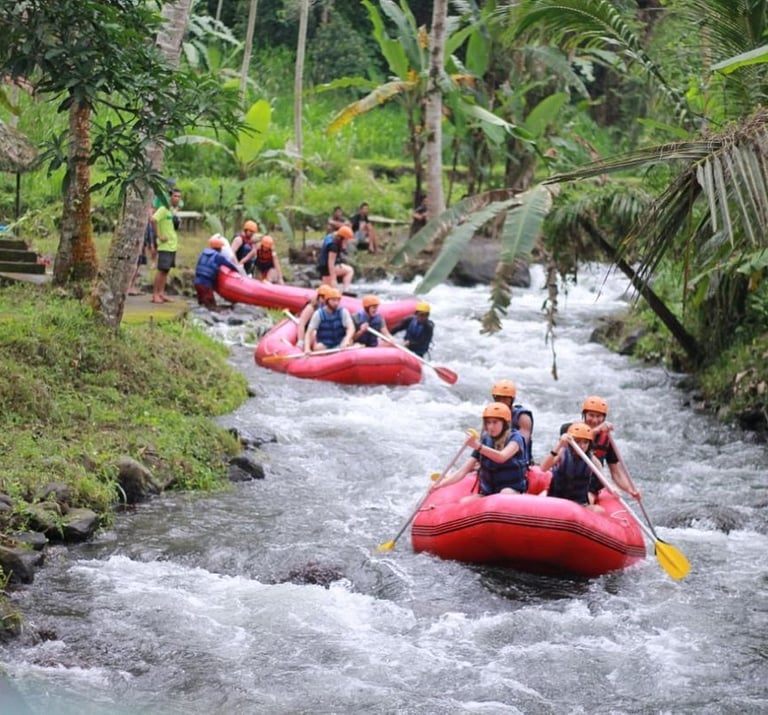 Tourists enjoy white water rafting in red boats down a tropical river in Bali.
