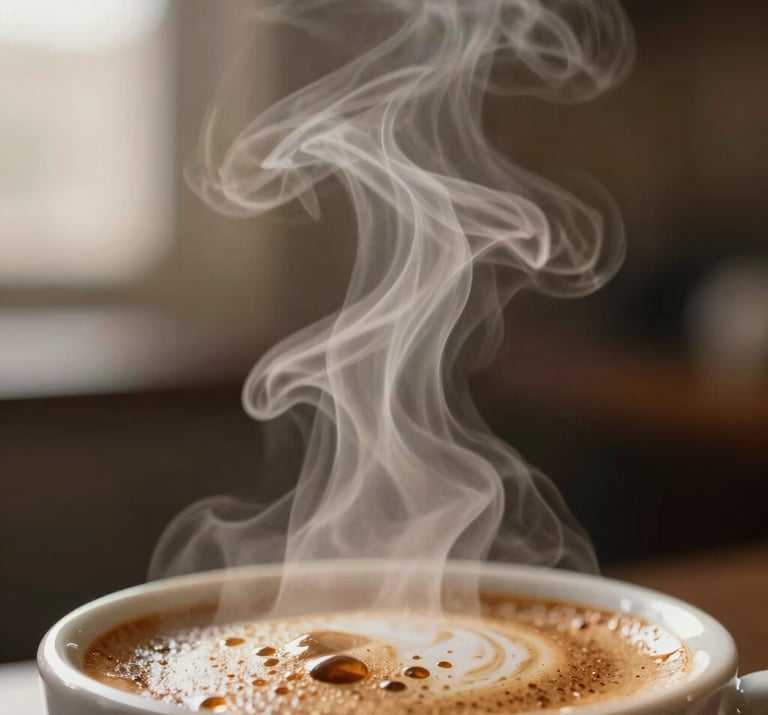 Macro shot of coffee steam in the morning light, cinematic depth of field, warm earthy palette.
