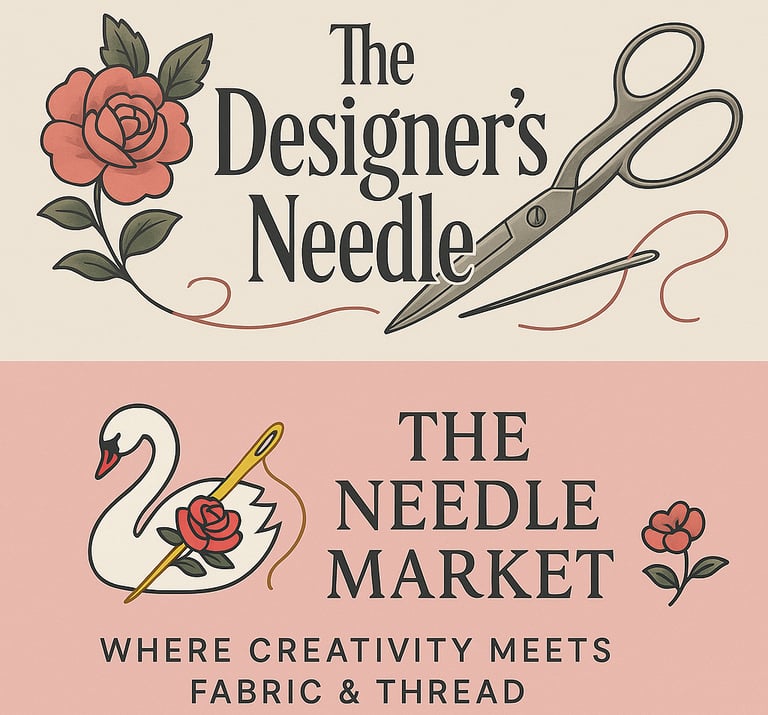 "The Needle Market and The Designer’s Needle banner design featuring a swan with a rose and needle,