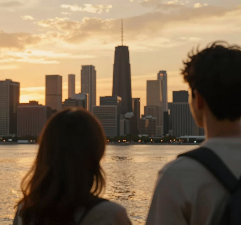 An over-the-shoulder cinematic shot of a couple watching a golden sunset over a North American city skyline, warm and atmospheric.