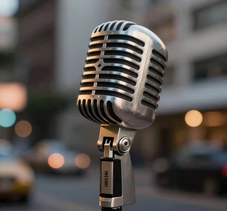 Close-up of a vintage microphone on a stand, soft-focus Venezuelan urban background at night, warm antique white highlights.