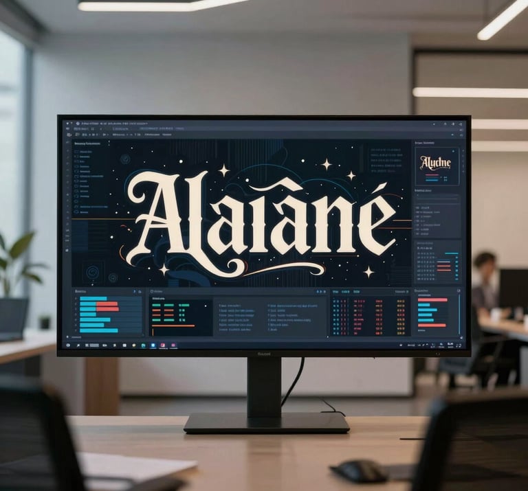 Studio shot of a digital screen displaying cinematic typography and motion graphics in a modern East Asian / South Asian influenced for a global luxury audience creative office.