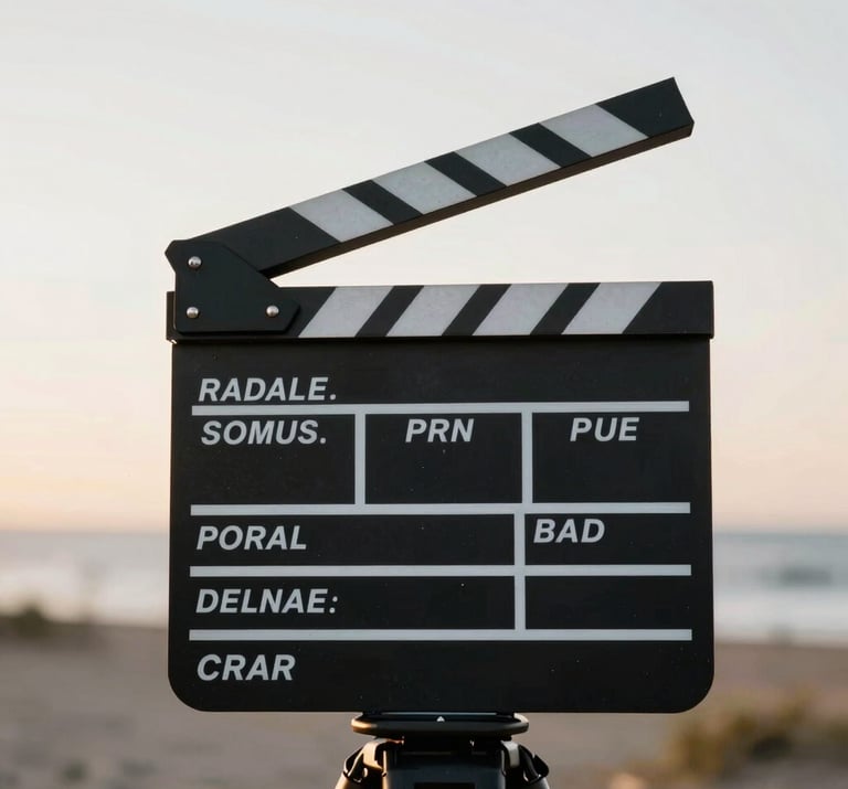 Close-up of a clapperboard on a tripod during a golden hour shoot in a US coastal setting. The focus is sharp on the professional markings, with a soft charcoal and off-white background.