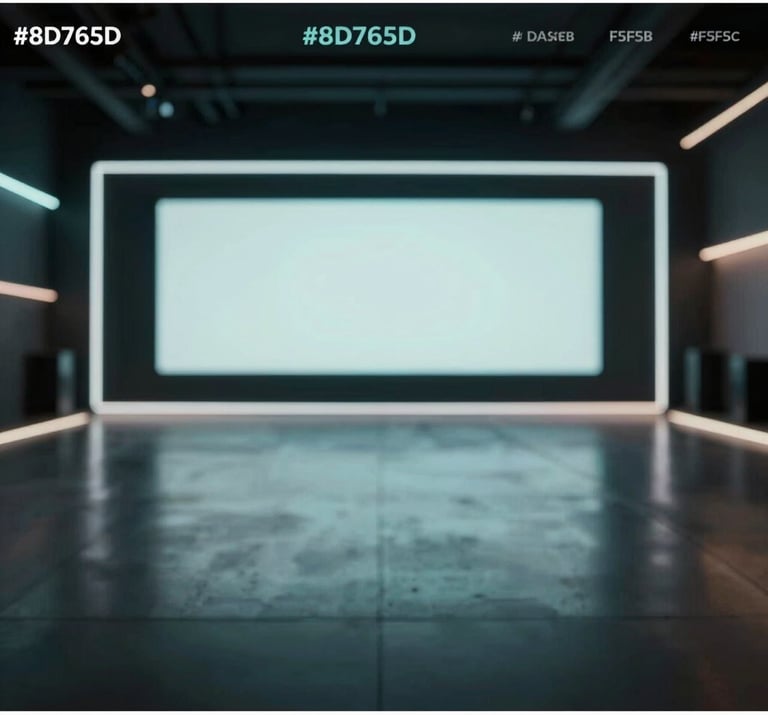 A wide shot of a modern music video set with neon accents reflecting the brand's #8D765D and #F5F5EB colors, high contrast and professional aesthetic.