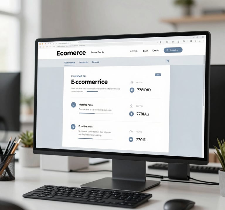 A professional portrait of a workspace with a focus on an e-commerce interface on a screen. The environment is bright and inviting, incorporating the #E0E1DD and #778DA9 colors for a contemporary feel.