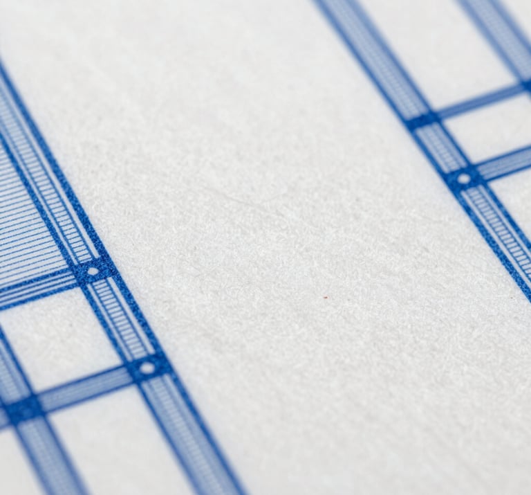 Macro photography of white paper textures and architectural blueprints with cerulean blue ink lines, minimalist Bauhaus style.