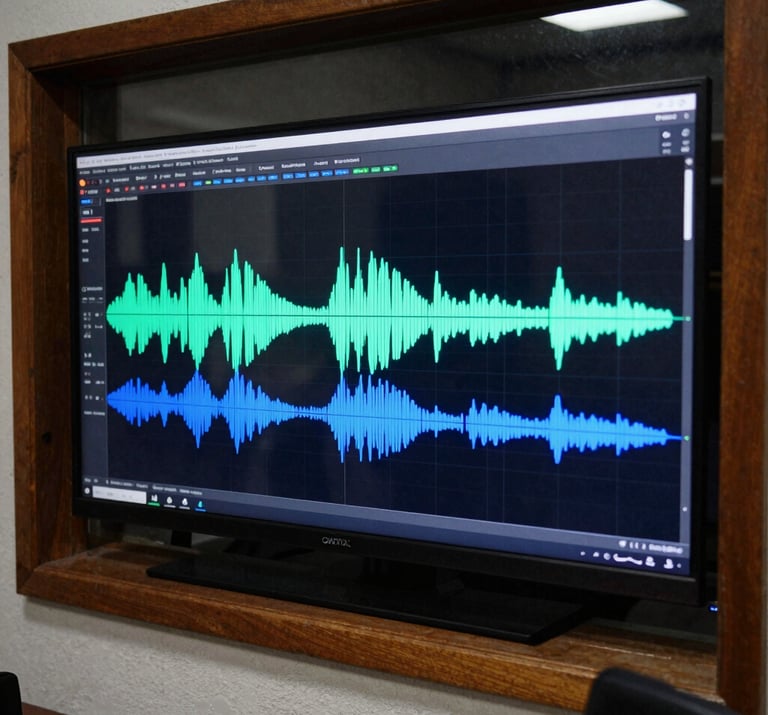 Digital audio workstation screen displaying sound waves in neon cyan and electric blue, reflected in the dark glass of a South American / Colombian studio window.