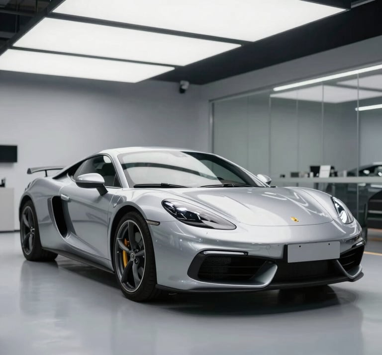 A wide shot of a pristine silver sports car in a clean, modern workshop, reflecting the overhead professional lighting. No visible dents.