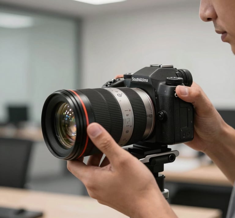 Close-up photography of a professional camera setup and a man's hands adjusting a lens, charcoal gray and silver gray tones, set in a modern South American studio office.