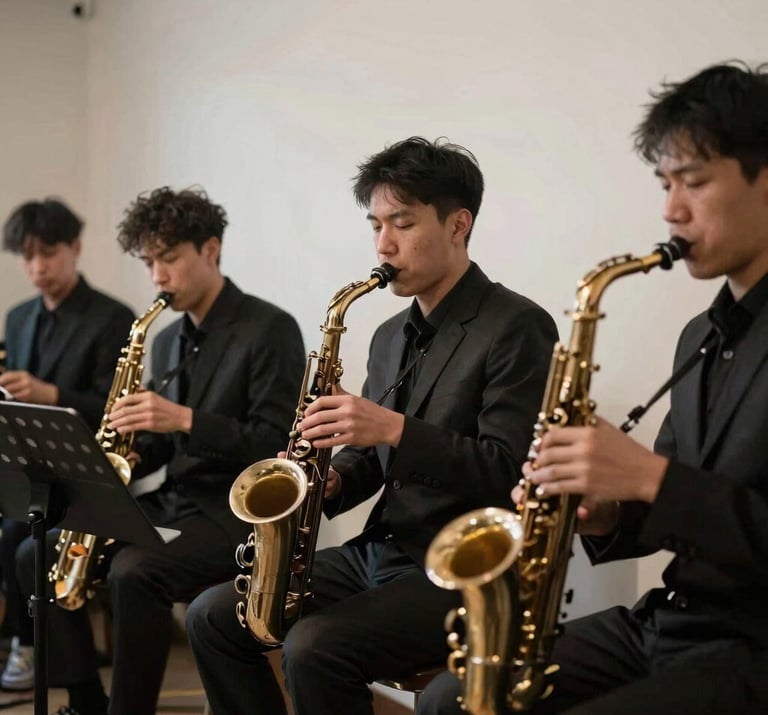 Atmospheric shot of a jazz band playing at a private event, deep charcoal shadows and bright off-white highlights, North American / European lounge setting.