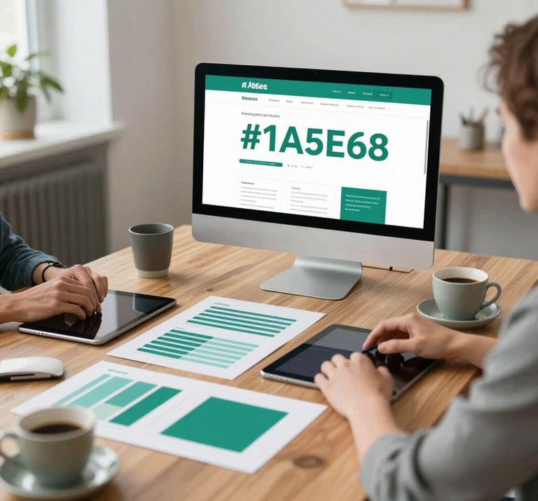 A planning session in a bright agency office, tablets and moodboards on a wooden table, Scandinavian cozy style, coffee cups, organized creativity, featuring #1A5E63 accents.