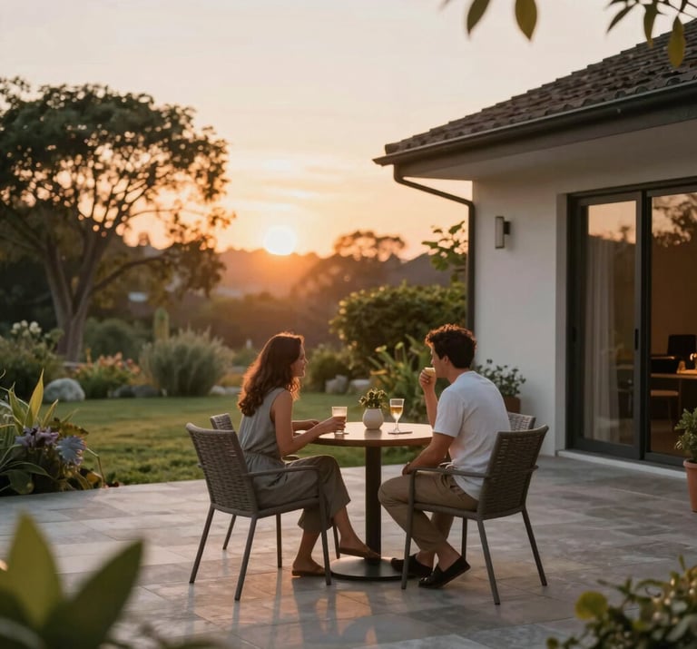 A couple sitting on a custom-designed patio at sunset, enjoying the connection between their home and garden.