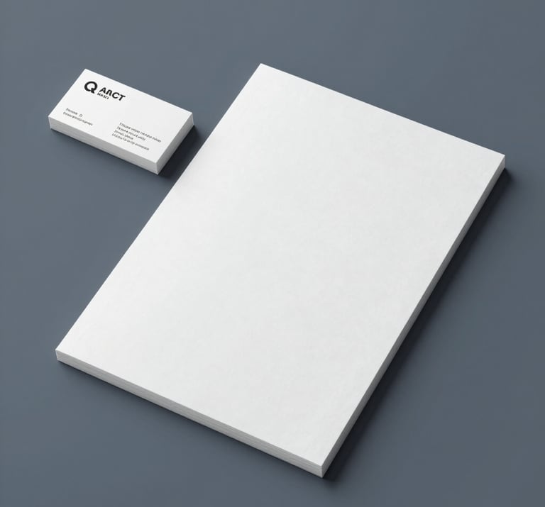 Stationery design including business cards and letterheads arranged on a grey-blue (#4A5763) surface. Minimalist and strategic composition with sharp focus.
