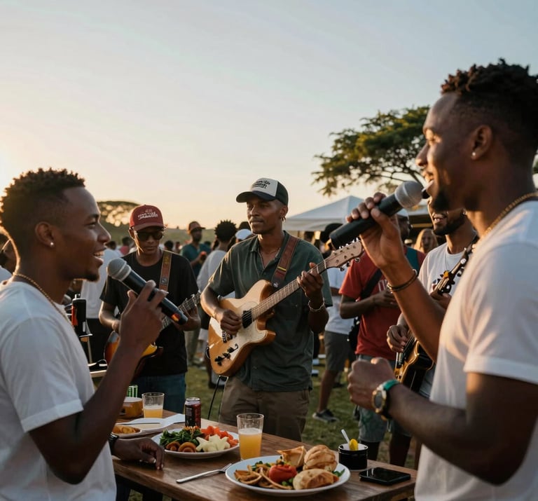 A lively South African birthday celebration outdoors at sunset, people enjoying music and food, captured with a sharp focus and adventurous spirit.