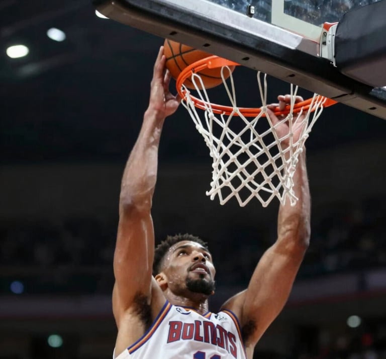 Close-up of a basketball going through the hoop, motion blur, dramatic stadium lighting, dynamic composition with #0D0D0D accents.