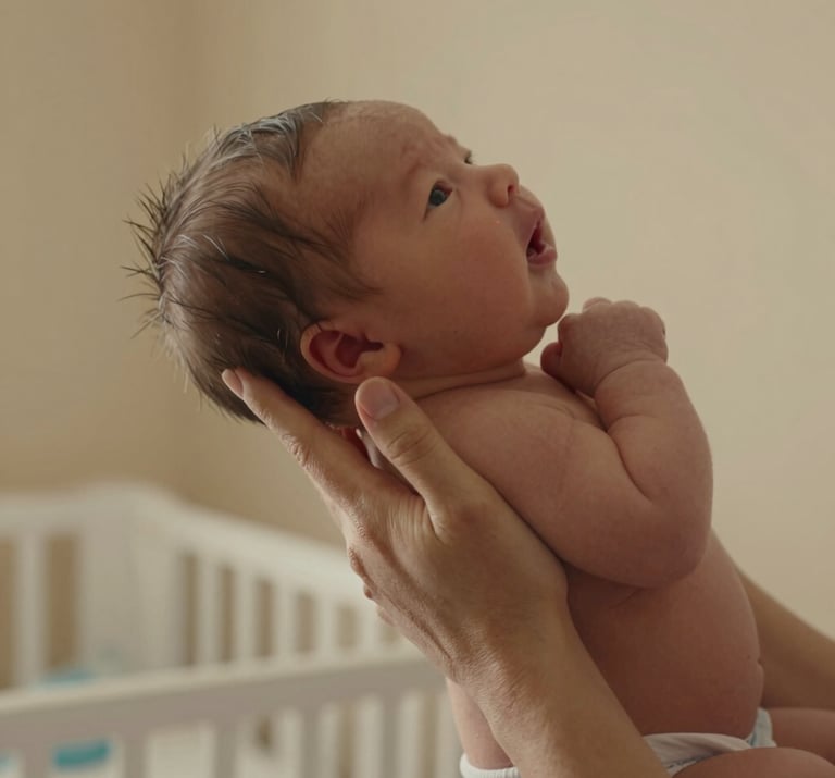 Detail shot of hands holding a newborn baby, captured in a North American nursery with soft sand colored walls and warm natural light. Cinematic and emotive lifestyle photography.
