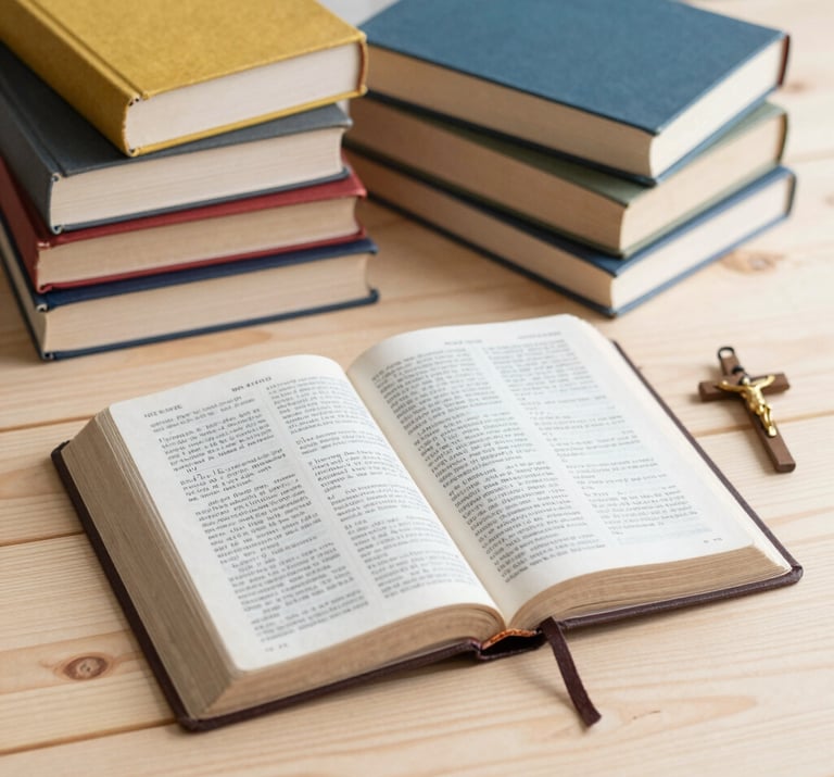 An opened Bible with a Crucifix on it on a light table background