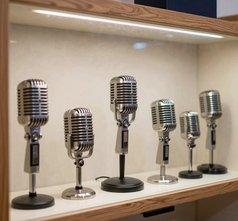 An array of vintage microphones stored in a dedicated wood and glass cabinet. The lighting is sophisticated, emphasizing quality and history. Colors: Off-white and dark navy. Southern European / Spanish studio.