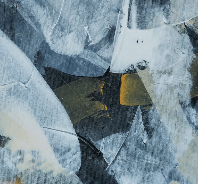 Abstract acrylic painting with textured blue, white, and black brushstrokes featuring gold accents on canvas.