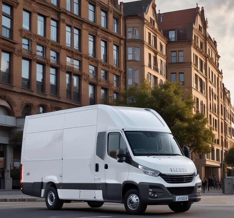 A bright orange van is parked on the side of a road with directional signs above, guiding towards Germiston and Primrose on Victoria Street. The van is set against a partly cloudy sky and some visible buildings, showcasing urban elements. A few passengers are inside the van.