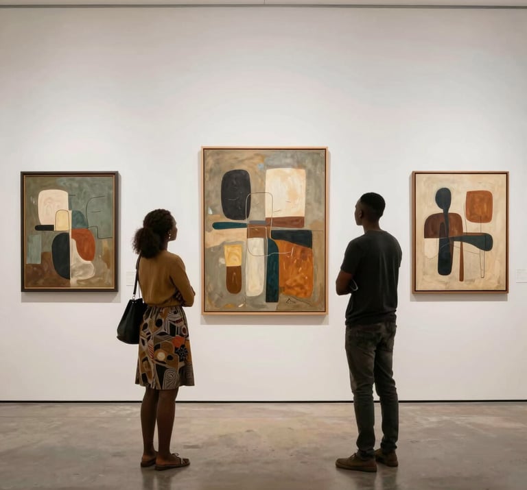 Wide shot of a bustling exhibition space showcasing diverse artworks from multiple African creators.