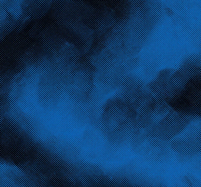 Abstract pattern of black #1A1A1A halftone dots on a stark blue #0050B3 background, vintage printing press defect style, high contrast, bold graphic.
