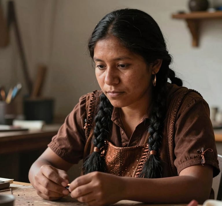 Poetic, intimate portrait of a South American artisan looking thoughtfully at their work, soft side lighting in a quiet studio. Deep espresso and copper brown color harmony, high-end editorial look.