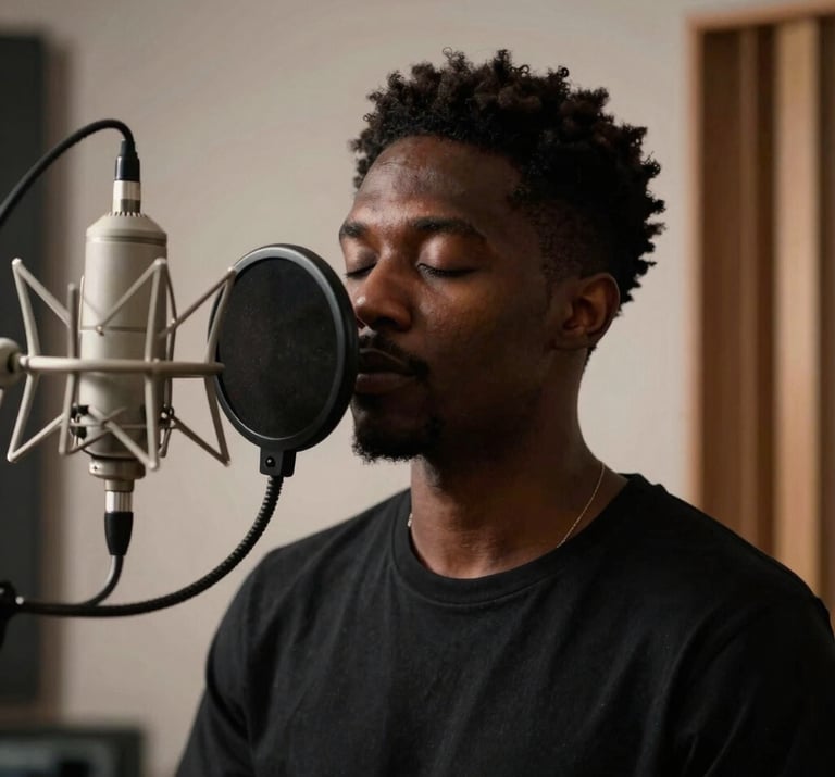 A musician's silhouette behind a professional studio pop filter, eyes closed in concentration, deep espresso brown shadows, North American / US recording studio.