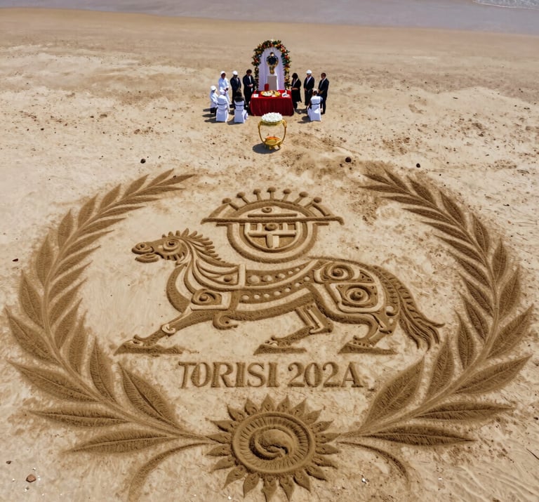 Aerial view of a beach ceremony featuring complex sand art designs, sun-drenched atmosphere with people in the distance for scale.