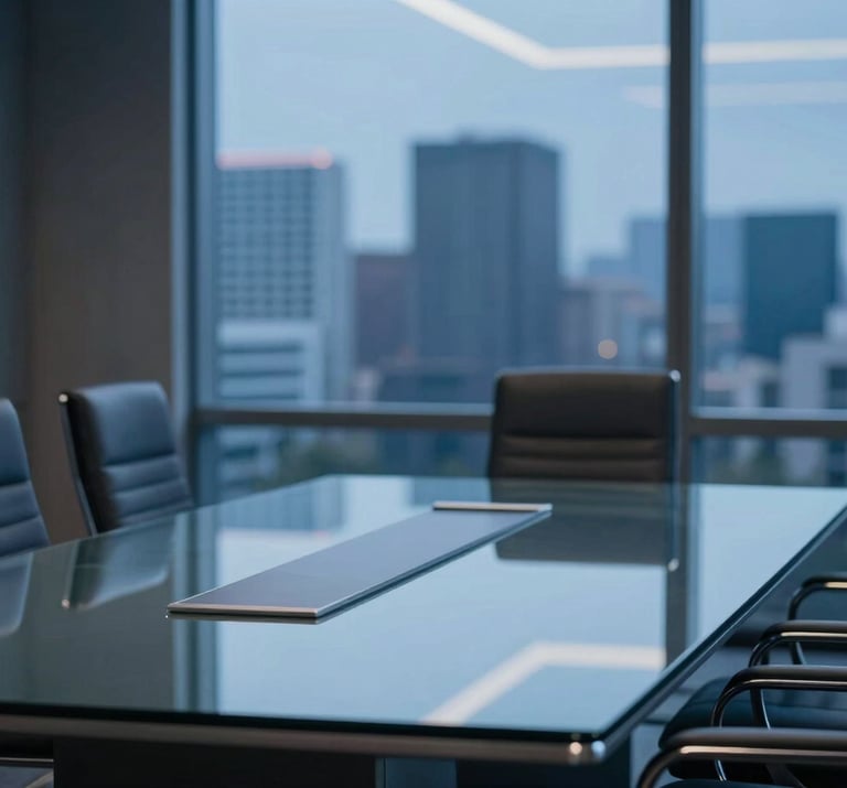 A sophisticated corporate boardroom with a sleek glass table and leather chairs, overlooking a blurred city skyline at dusk. The lighting is cool and professional, incorporating deep blues like #0F1E2E and silver accents to reflect unwavering reliability and expertise.