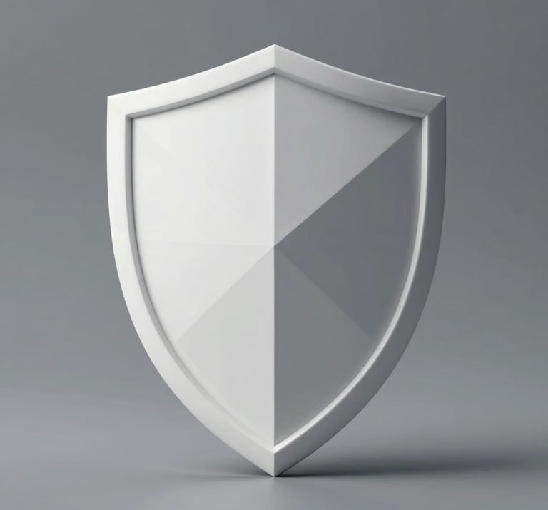 An abstract, professional conceptual photo of a beautiful physical white geometric shield sculpture representing cyber defense, sitting on a high-end matte surface.