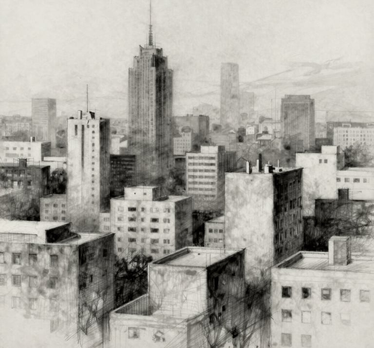 Abstract study of urban density, charcoal sketches on textured paper, minimalist and thoughtful composition #333333 #F9F7F2