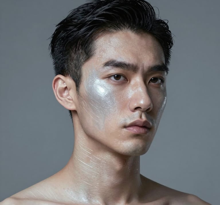 Futuristic male portrait with subtle AI-generated patterns on skin, cool Silver Grey lighting, clean minimalist composition.