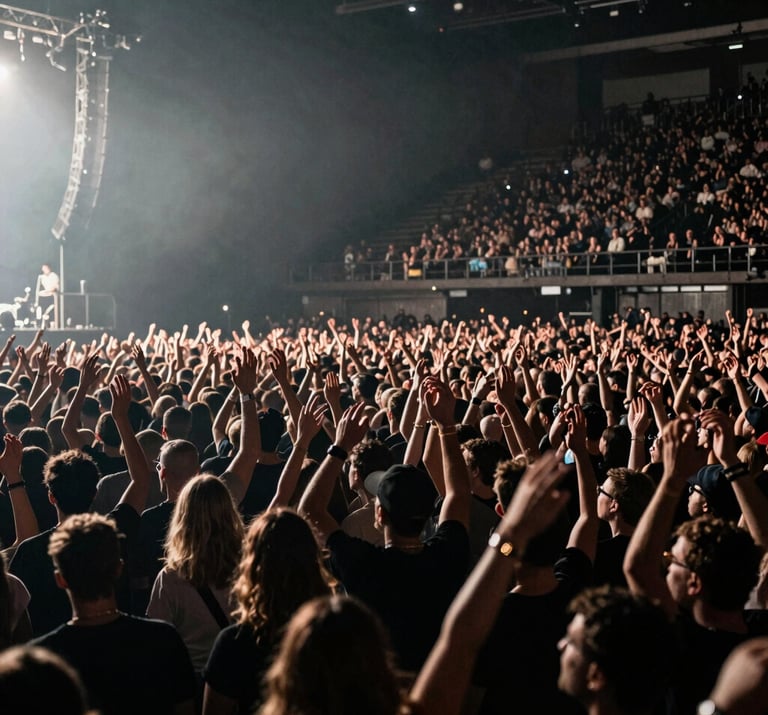 Wide shot of a massive crowd at a live concert, hands in the air, illuminated by subtle gray and off-white strobe lights. Dark, moody, and raw rock-and-roll vibe at a Western European / Dutch arena.