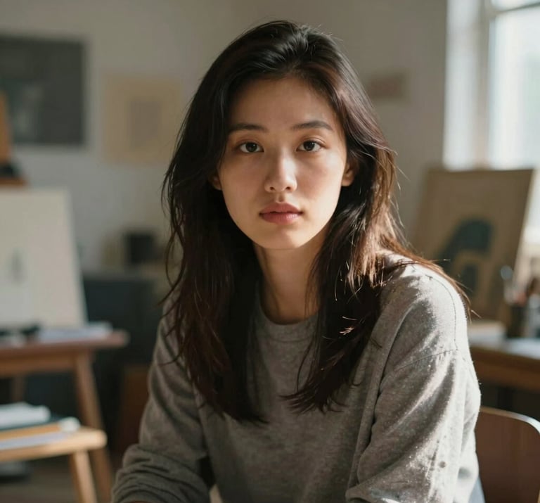 A cinematic portrait of an artist in a sunlit studio, soft natural light, immersive visual storytelling.