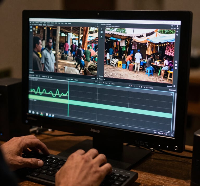 Detail of a filmmaker's hands editing a video on a professional monitor, showing a scene of an Angolana market, cinematic dark room environment.