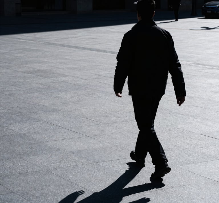 Street photography of a person's silhouette walking through a sunlit urban plaza, high contrast, clean steel blue grey shadows, International / Western.