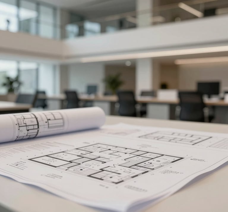 A sophisticated view of a modern institution's interior being planned, with architectural blueprints in shades of #293B37 and #AEC5BE spread across a clean workspace. Refined, intellectual mood.