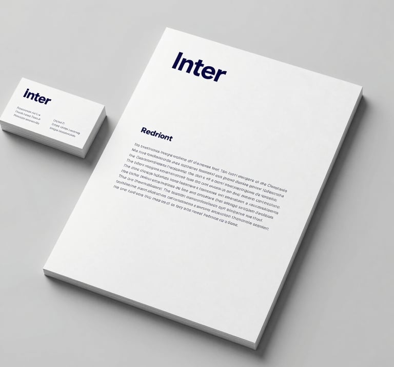 A top-down view of professional stationary including a business card and a letterhead. The design is minimalist, using the Inter font. Colors include a base of #F0F4F4 with deep #1C2826 typography.