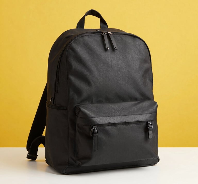 Cinematic detail shot of a vintage North American / US backpack on a wooden bench, soft morning light, muted blue and terracotta palette.