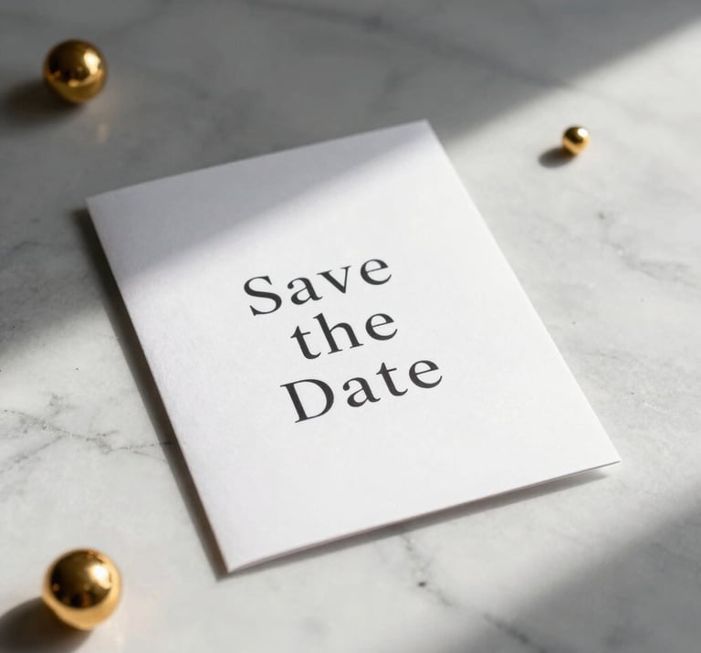 A minimalist composition of a Save the Date invitation card resting on a white marble surface in an Istanbul studio, surrounded by small golden decorative elements and soft grey shadows.