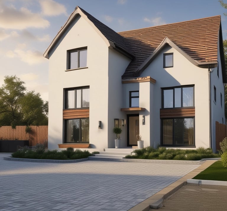 A freshly paved block driveway with clean lines and neat edging under soft daylight.