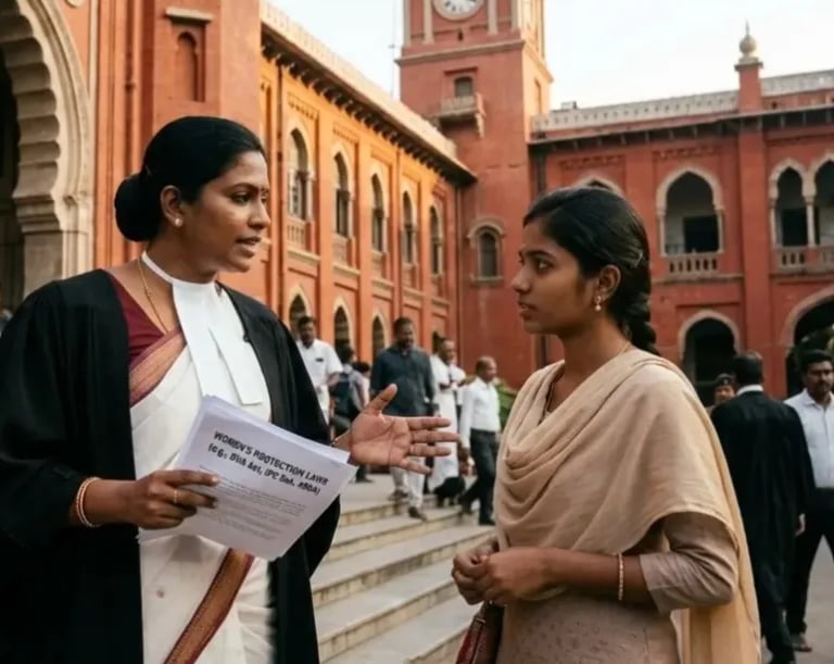 Women lawyer advising client outside Madras High Court Chennai on legal case and women rights