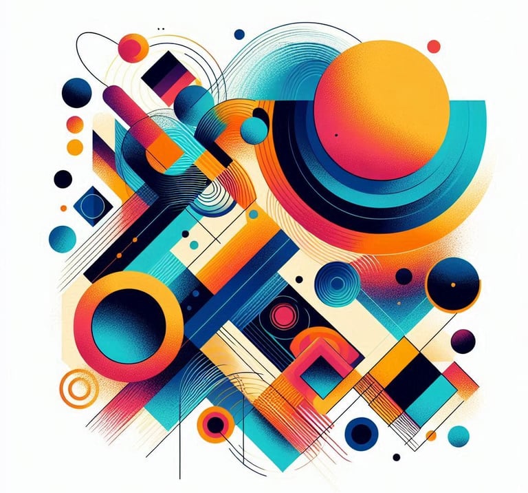 a colorful abstract art piece with a bright orange and blue background