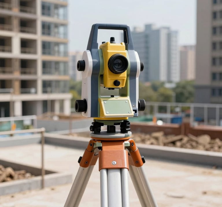 High-precision professional surveying equipment on a tripod overlooking a structured urban development site, sharp architectural daylight, deep navy and gold accents, crisp details, 35mm lens