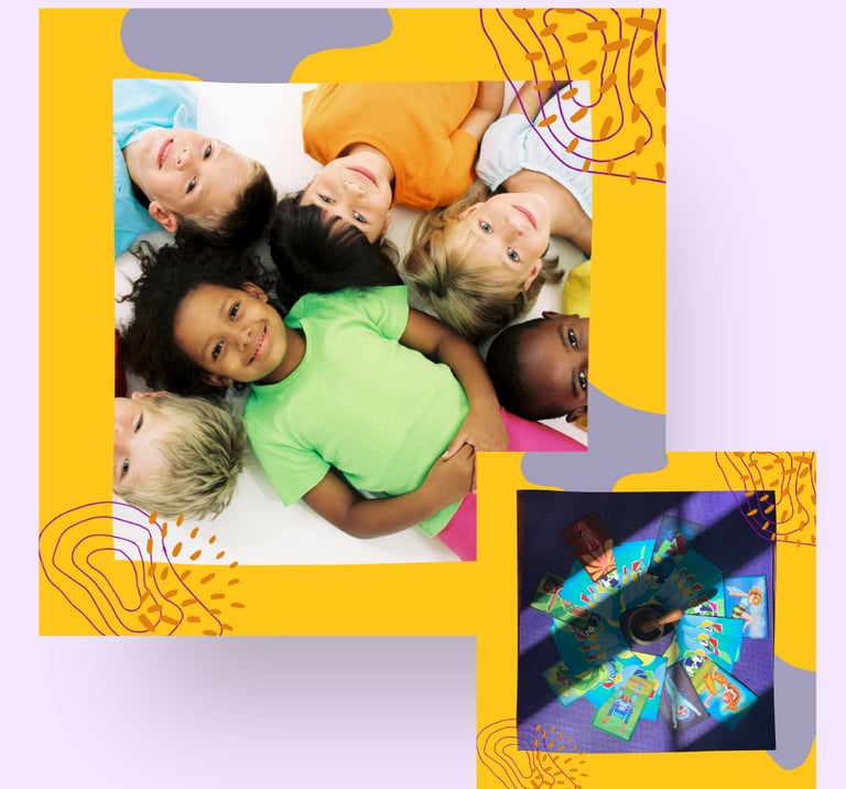 Two images of a group of children smiling and yoga pose cards for a game.