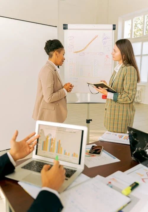 CFO consultant explaining financial projections to client team